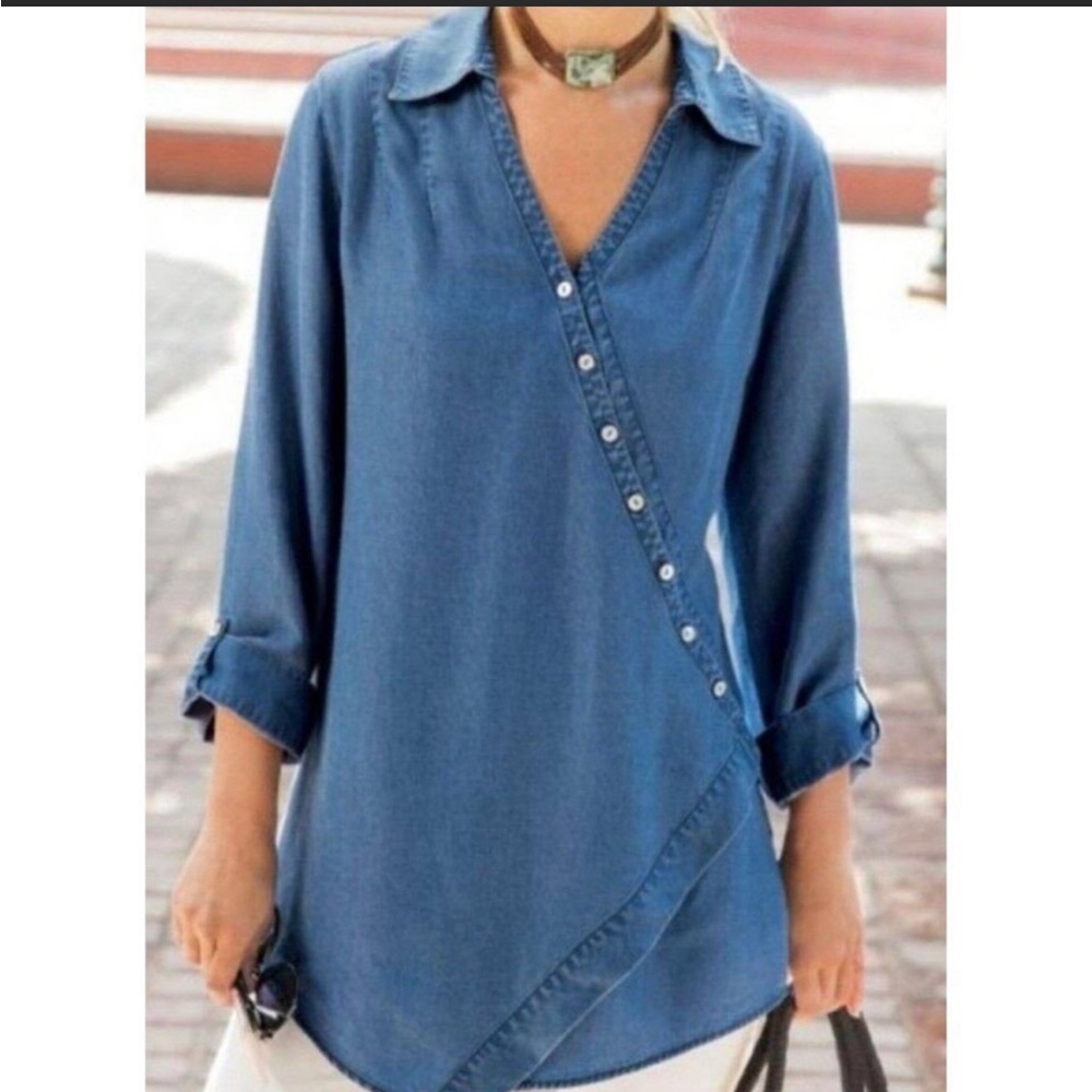 Soft Surroundings Asymmetrical Washed Tencel Tunic Top Denim Blue Womens Sz LG